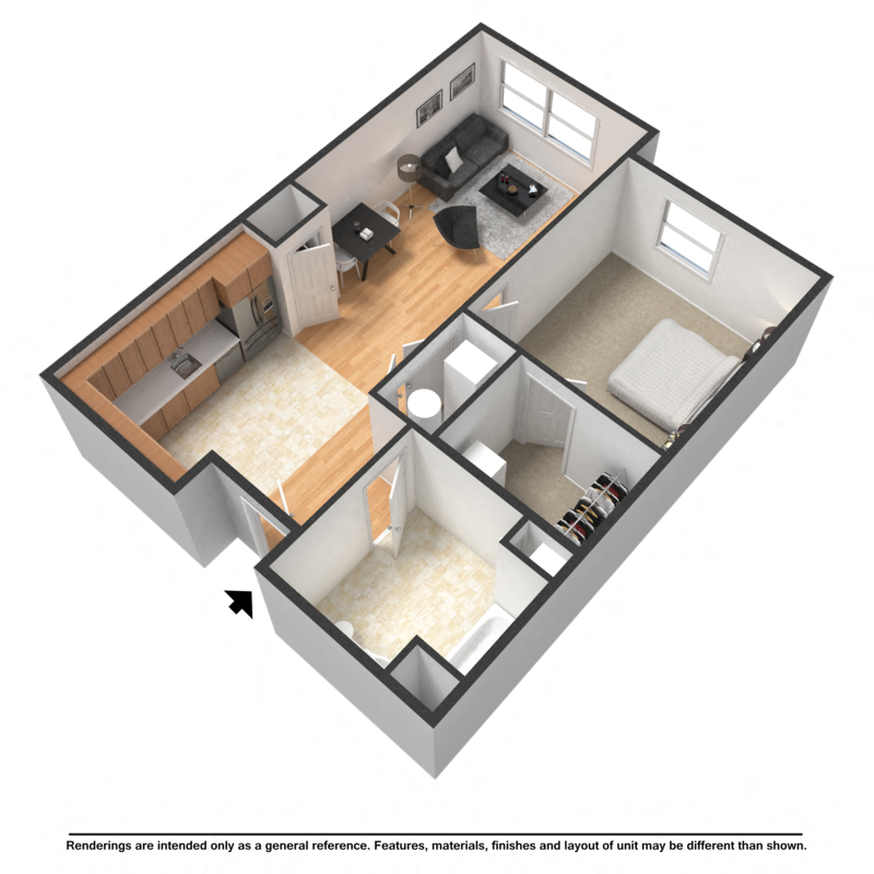 Floor plan for 1 bed, 1 bath, 600 sqft